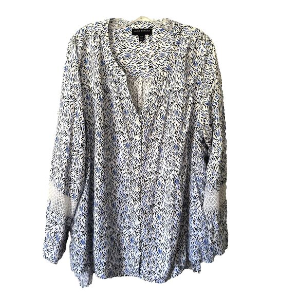 Lane Bryant Tops - Lane Bryant Peasant Top Women 18/20 Black Blue White Print V Neck High Low Tunic